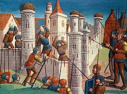 A medieval depiction of a fortification being assaulted